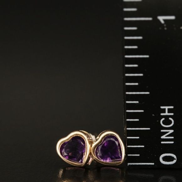 10k Yellow Gold 💜 Amethyst Heart Stud Earrings - Picture 3 of 5